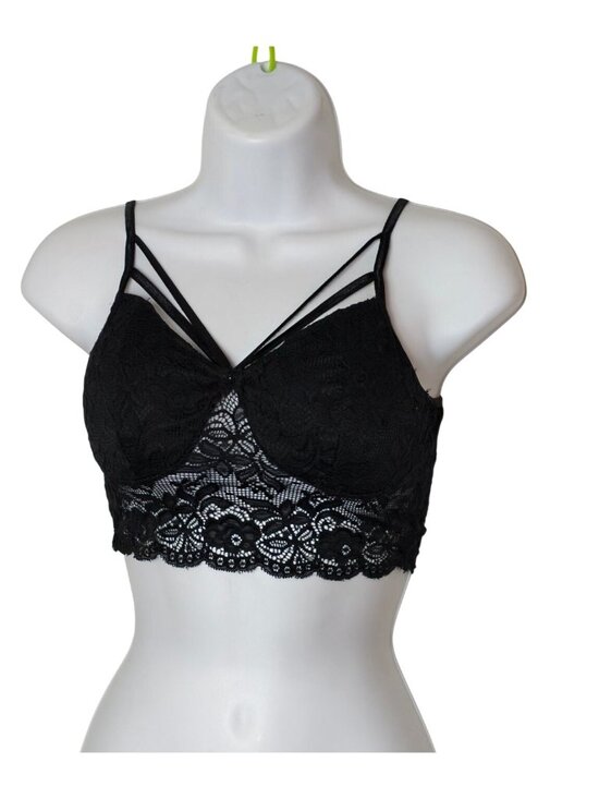 None Tops - Womens S Lace Bralette Crop Top Black Floral Strappy Padded Adjustable Cami Tank